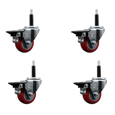 Service Caster 3'' Red Poly Swivel 3/4'' Expanding Stem Caster Set with Brake, 4PK SCC-EX20S314-PPUB-RED-PLB-34-4